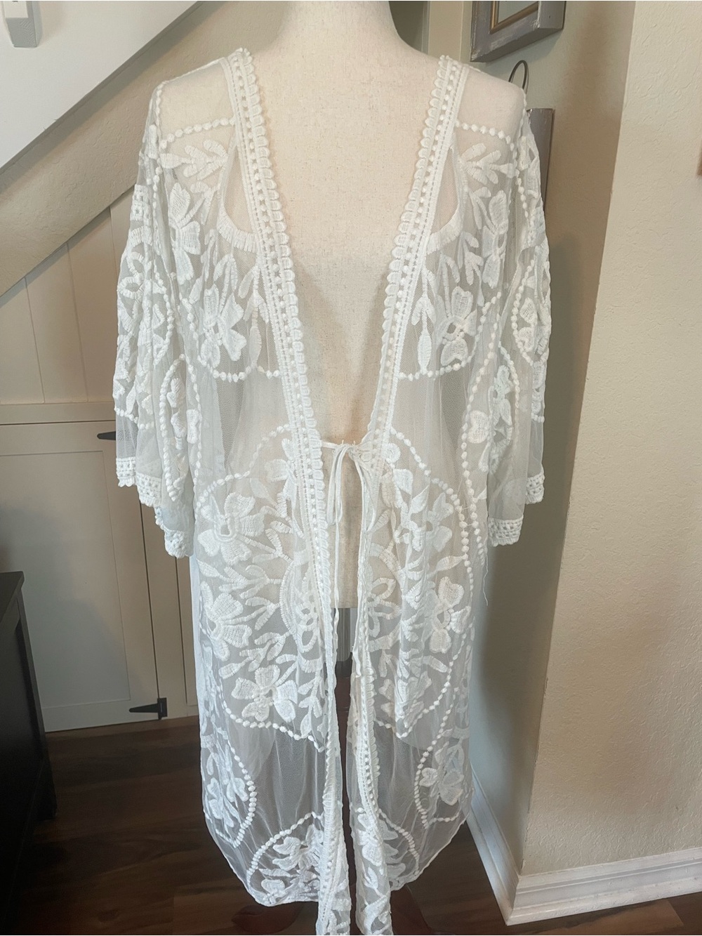 Umgee USA Floral Lace Open Front Kimono Duster Cardigan White Plus Size XL Boho